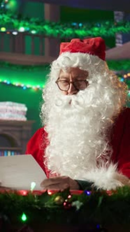Vertical Video Portrait of White Bearded Santa Claus Reviews Letters From Children By the Fire