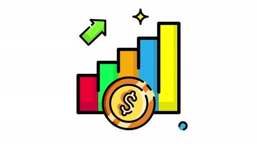 Animated Made in uk a gold coin with a dollar sign on a bar graph.