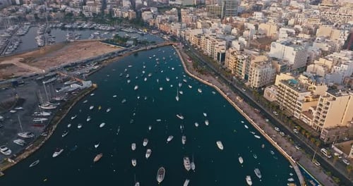 Aerial Perspective of Valletta Marina with Boats and Yachts in a Gorgeous Bay
