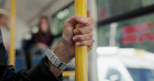People, hands and bus with rail for public transport, safety or vehicle security in city street