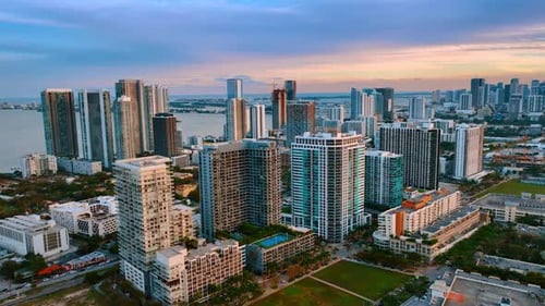 Urban scenery of the modern metropolis at sunset.