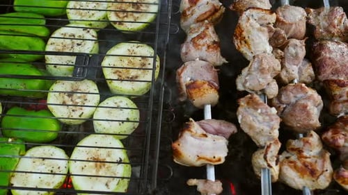 Barbecue en brochettes. Viande de porc et légumes grillés sur les rouleaux. Un homme tourne des brochettes