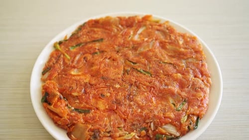 Close Up of Delicious Korean Kimchi Pancake