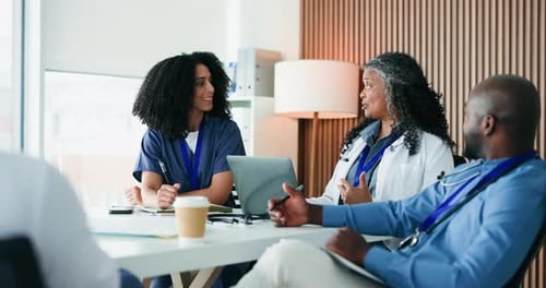 People, team and doctors with review, planning or discussion with workshop at office meeting