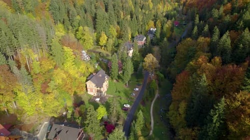 Aerial establishing shot of the XIX century villas in the mountain forest in autumn
