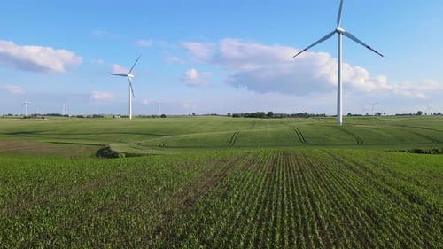 Wind Turbines and Green Fields Aerial