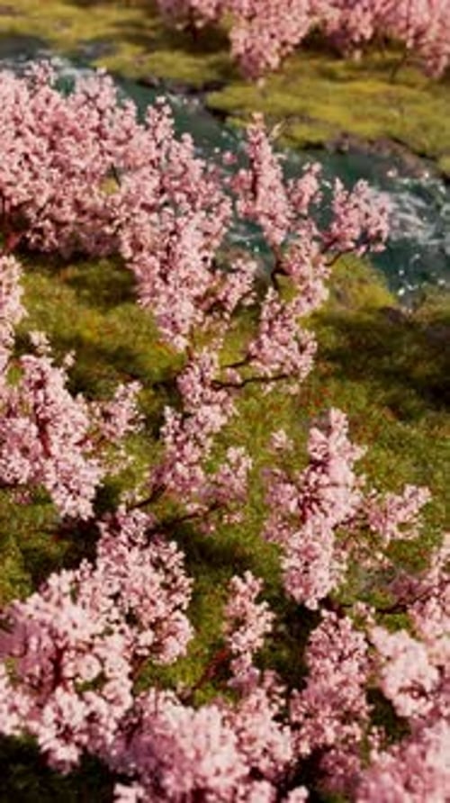 Fast Blooming Pink Cherry Blossom Trees by Stream