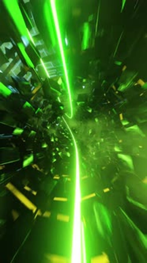 Vol dans un tunnel de science-fiction vert abstrait. Vidéo en boucle verticale