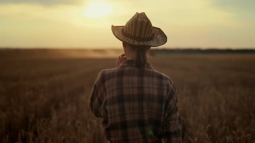 Portrait of Carefree Woman Farmer in Golden Wheat Fields in Summer Follow Shot Happiness and Freedom