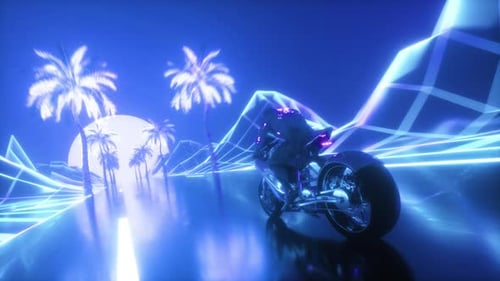 Sci Fi Biker Riding Futuristic Synthwave Backdrop