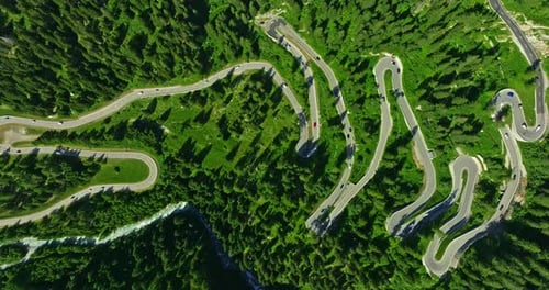 Aerial View of the Turns of Maloja Pass in Swiss Aerial Drone View Winding Mountain Road