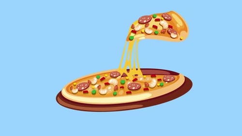 Animated Pizza Slice with Melting Cheese Pull Flat Design Loop