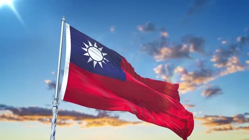 Realistic Taiwanese Flag Waving Against a Bright Blue Sky