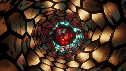 Goldener sechseckiger Tunnel mit Kugel in der Mitte. Animation in einer Schleife