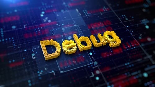 Pixelated Debug Text on Blue Digital Circuit Background