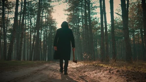 Mysterious Figure Holding Axe Walking in Forest at Twilight