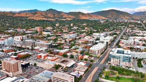 Footage above the urban landscape of modern Salt Lake City, Utah, USA.