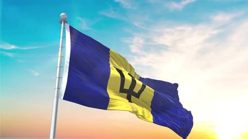 Barbados Flag Waving in the Wind Against a Clear Sky