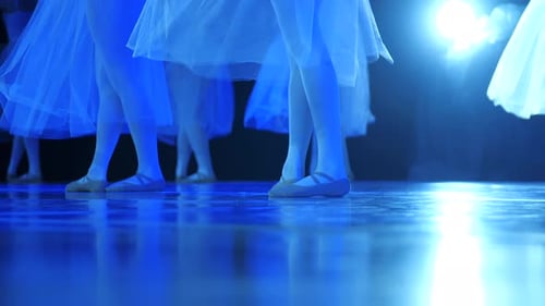Graceful Ballet Dancers Performing on Stage in Blue Light