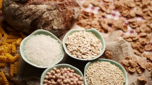 Carbohydrate rich foods: bread, pasta, rice, oats