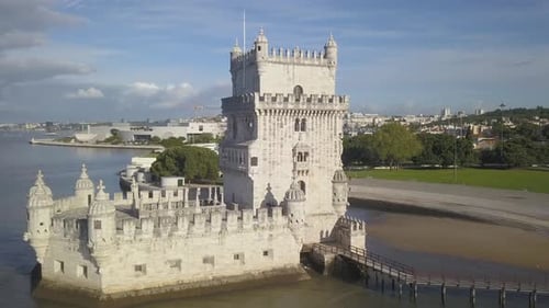 The famous Tower of Belem from side in Lisbon, Portugal.