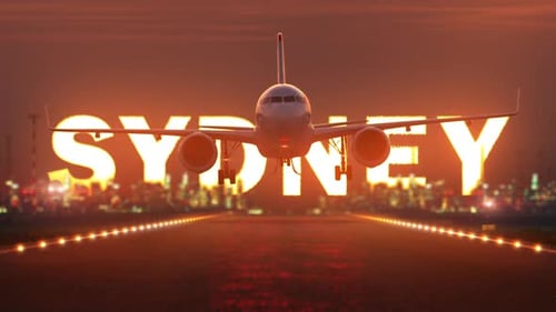 the plane is landing at the airport on the background of the inscription "Sydney"
