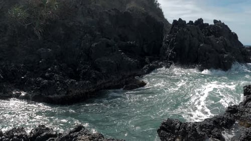 Slow Motion Shot of Big Sea Waves Crashing Against the Rocks Waves Crashing and Hitting on the Rocks