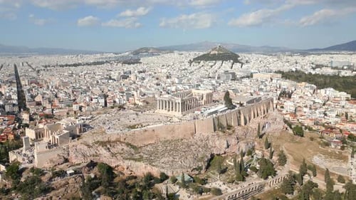 Aerial View of Parthenon Acropolis Hill and Historic Cityscape of Athens Greece