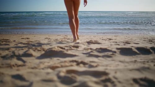 Slim Legs Walk Sand Shore Closeup Romantic Girl Stepping Ocean Coast Rear View
