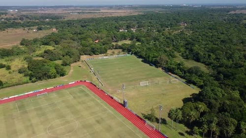 Aerial View Of Beautiful Soccer Fields, Grass Fields, Football Courts On A Sunny Day