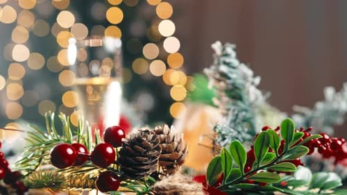 Christmas Decorations with Champagne Glass and Bokeh Lights