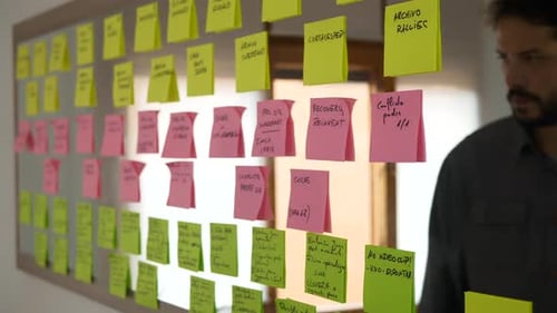 Man Places Sticky Note on Idea Board