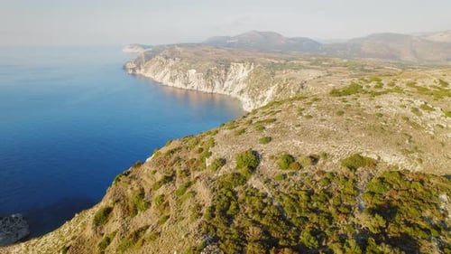 Aerial view of the coastline cliffs and deep blue sea in summer Kefalonia Greece