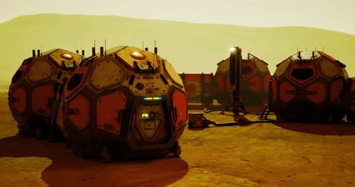 Sci-Fi Mars Colony Habitat Modules on Alien Landscape