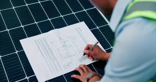 Hands, person and writing on blueprint for solar panel design, floor plan and technical drawing