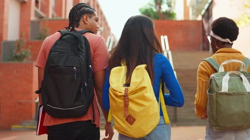 Group of Diverse Students with Backpacks Walking on Campus Stairs