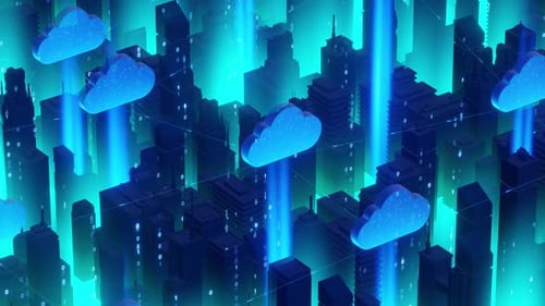 Futuristisches Cloud-Computing-Stadtbild mit Datenströmen