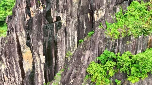 Die felsigen Klippen sind von einem tropischen grünen Regenwald umgeben. Drohnenansicht.
