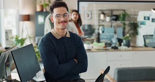 Man, employee and smile with arm crossed for coding, programing and system update as software