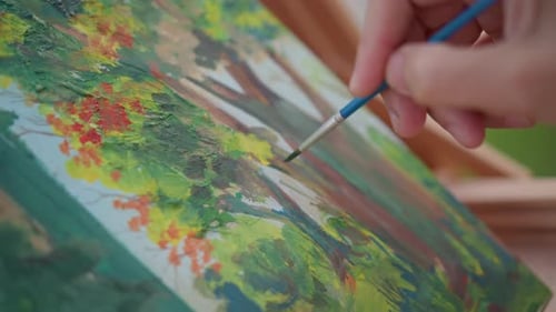 Artist Paints Detailed Urban Scene Closeup View of Hands Painting City Park Calm Hobbyist Captures