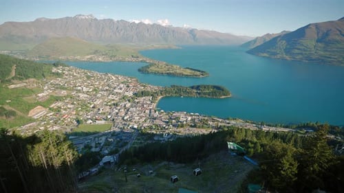 4K Video of Queenstown Panorama at golden hour, New Zealand, South Island.