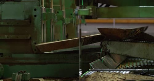 Close up of sawing boards from logs with industrial sawmill. Concept: wood industry, timber proces