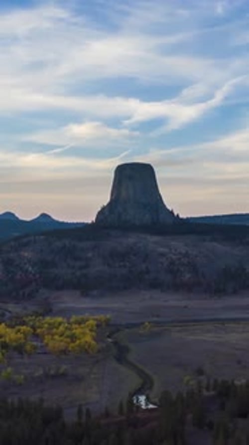 Devils Tower Butte at Sunset Crook County Landscape Wyoming Aerial View Vertical Video