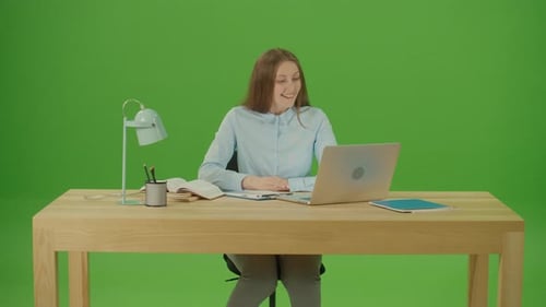 Green Screen Woman Freelancer Student Making Video Call and Waving at Cam