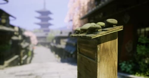 Cherry Blossom Lined Street with Traditional Architecture in Japan