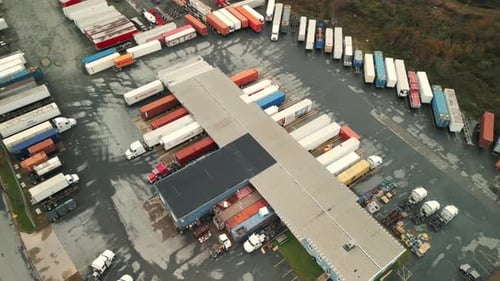 Aerial View Truck Semitrailer Parked in a Warehouse Parking Lot in Dartmouth