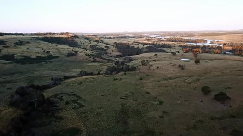 Aerial view over landscape near the Upper Coliban Reservoir, Victoria, Australia, January 2019.