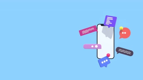 Animiertes Smartphone mit Sprechblasen für soziale Medien und Online-Meinungen.