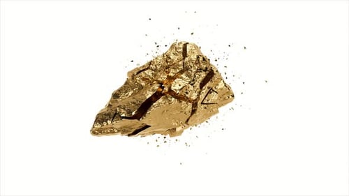 Glitter Golden Stone Nugget Cracked and Explode on White Background. Close-Up Details