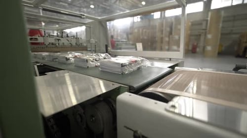 Packed Cardboard Sheets in Foil Move Along Conveyor to Storage